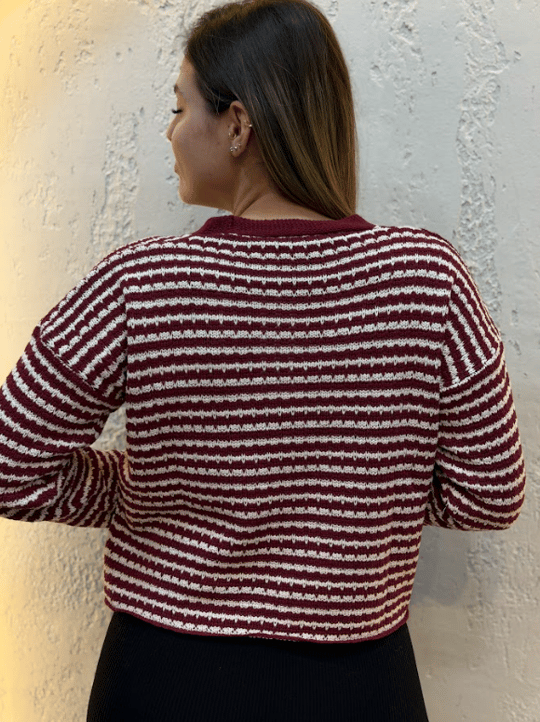 İnce Çizgili Triko Crop Hırka Bordo