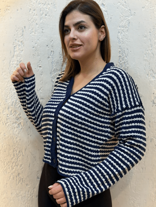 İnce Çizgili Triko Crop Hırka Lacivert