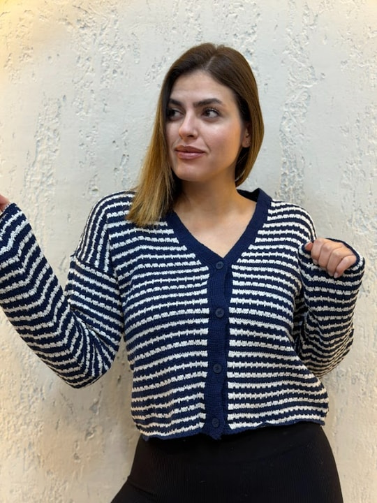 İnce Çizgili Triko Crop Hırka Siyah