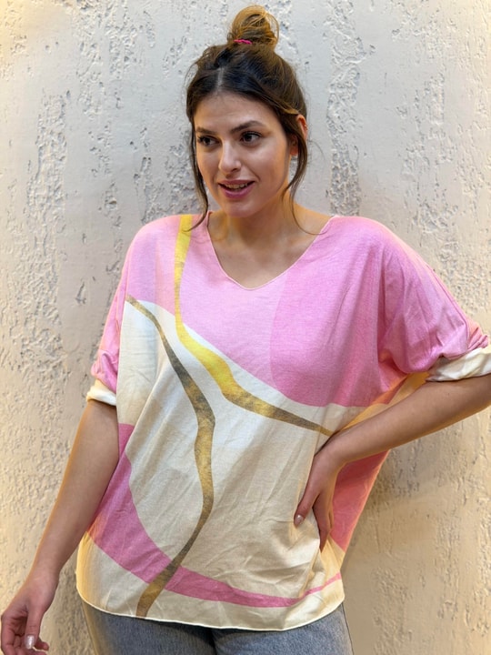 İthal Gold Şeritli Kaşmir Bluz Pembe