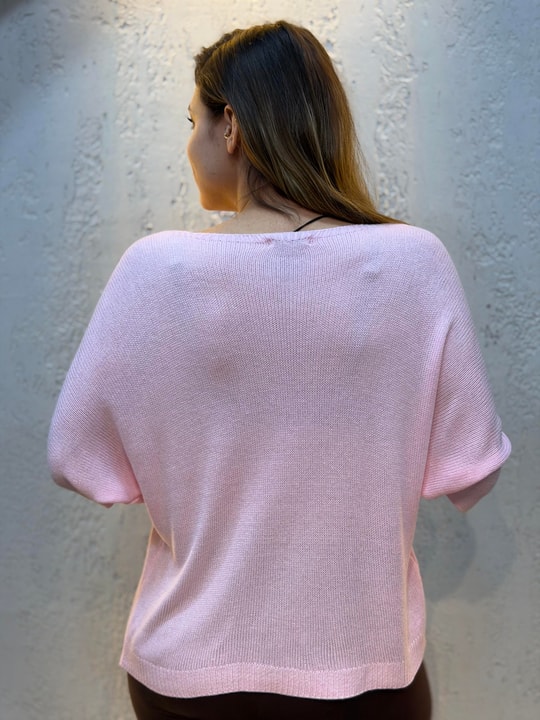 İthal V Yaka Merserize Bluz Pembe