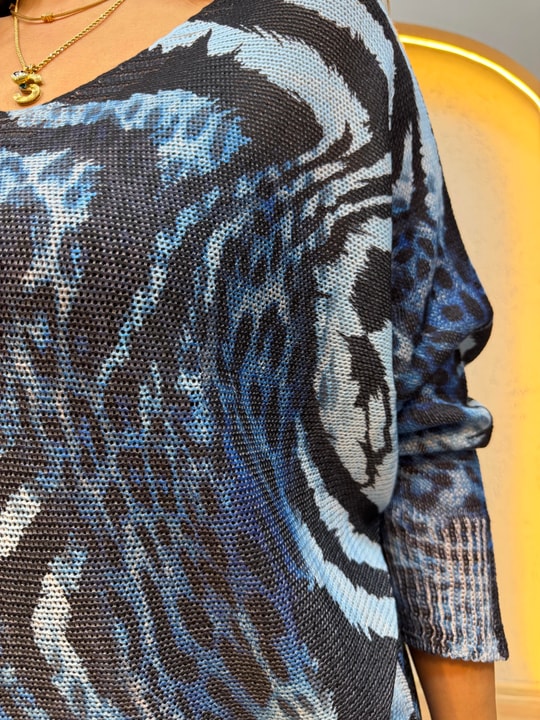 Karışık Leopar Desen İthal Bluz Buz Mavi