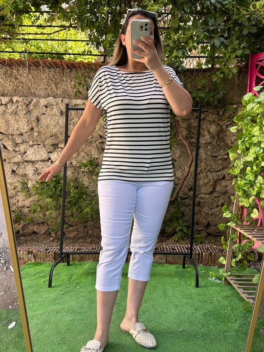 Kayık Yaka Çizgili Kısa Kollu Tişört Beyaz