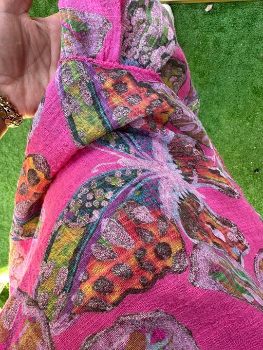 Kelebek Desenli %100 Keten İthal Elbise Pembe