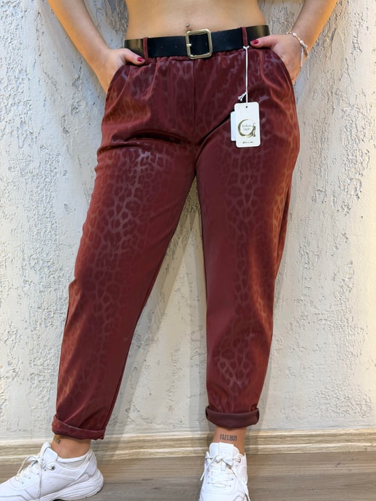 Kemer Hediyeli İthal Leopar Pantolon Bordo