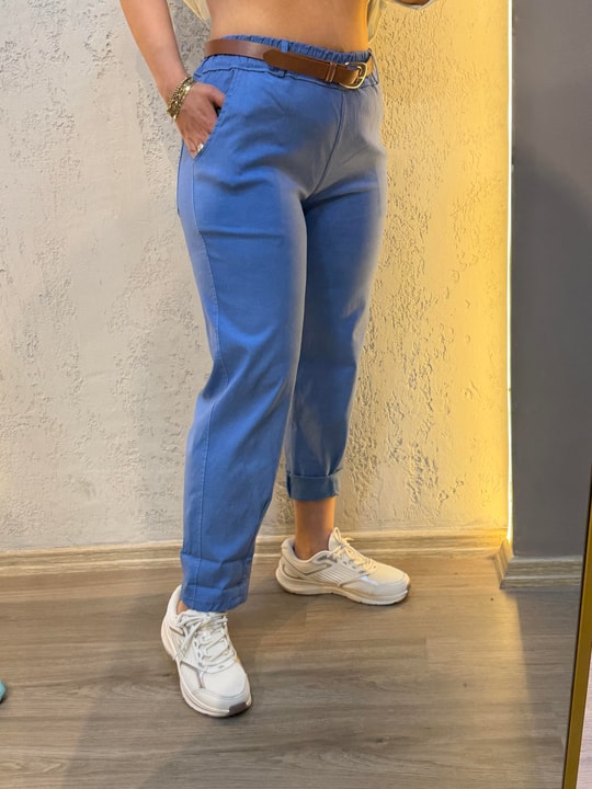 Kemerli Full Likra İthal Pantolon Mavi