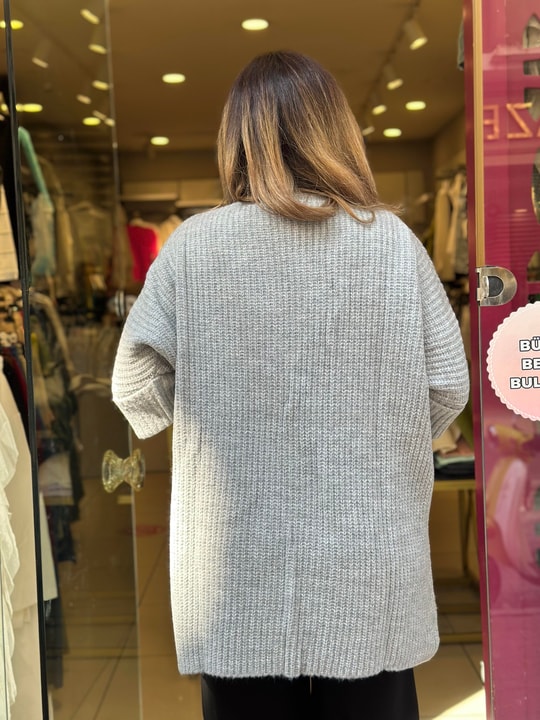 Kol Katlamalı Önü Açık Yün Hırka Gri