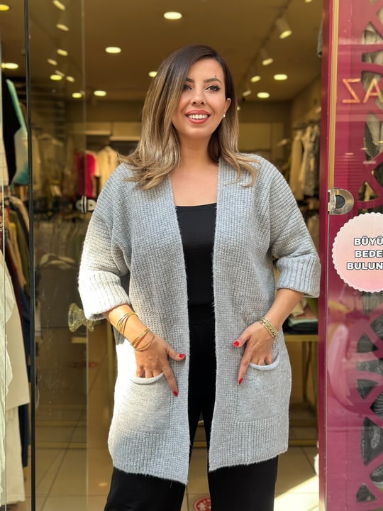 Kol Katlamalı Önü Açık Yün Hırka Gri