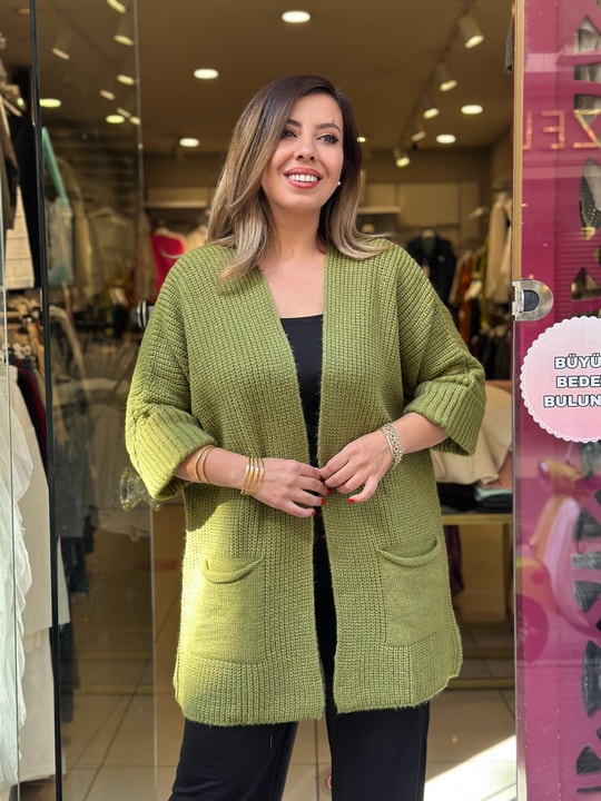 Kol Katlamalı Önü Açık Yün Hırka Yeşil