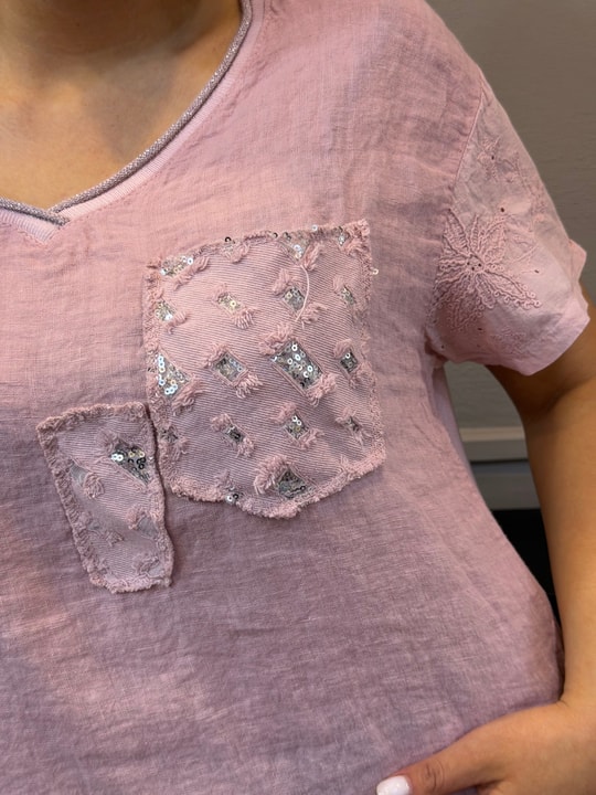 Kol ve Cep Detaylı İthal Bluz Pembe
