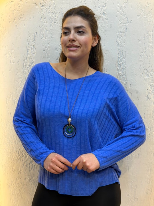Kolye Hediyeli İthal Triko Bluz Saks Mavi