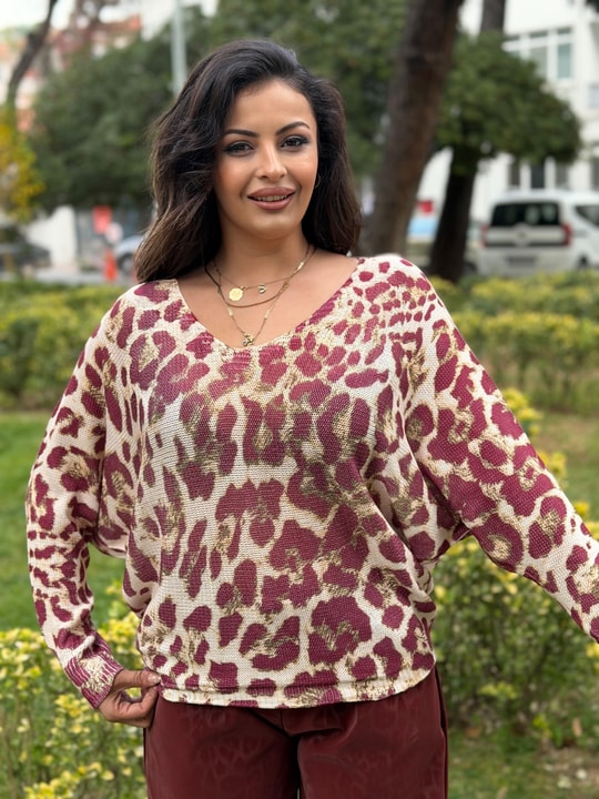 Leopar Desen İthal Bluz Mürdüm