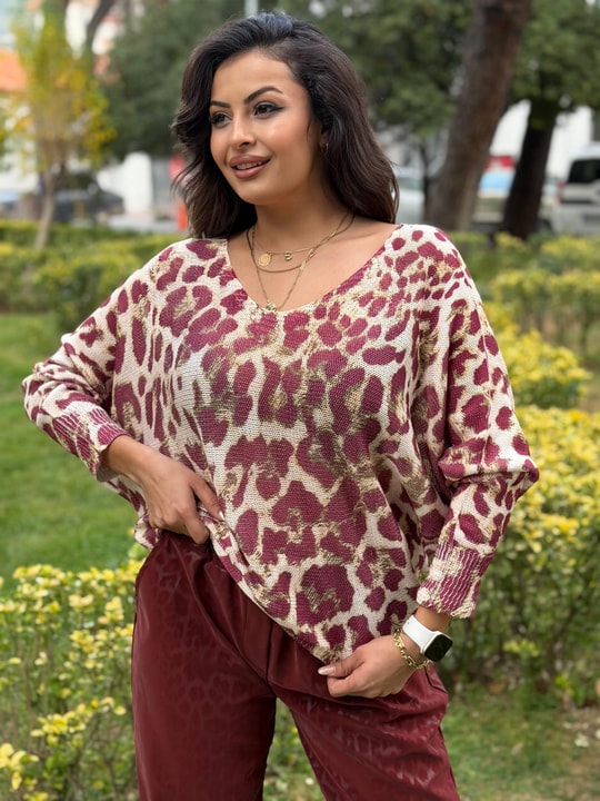 Leopar Desen İthal Bluz Mürdüm