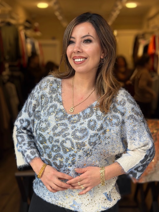 Leopar Desenli Altın Işıltı Detaylı İthal Bluz Mavi