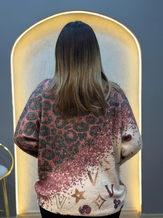 Leopar Desenli Altın Işıltı Detaylı İthal Bluz Bordo