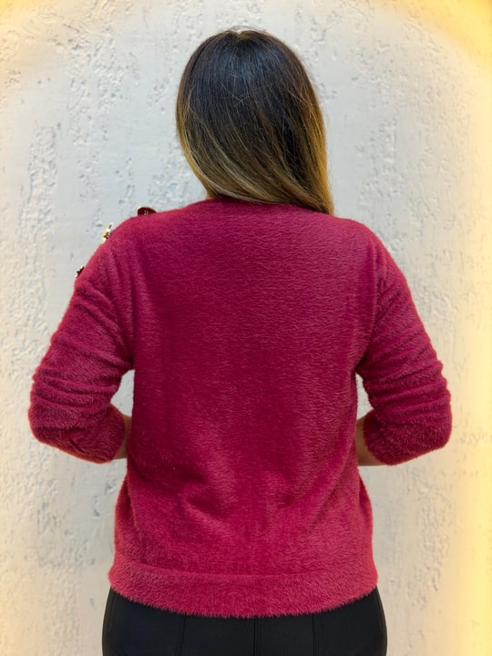 Omuz Broş Detaylı Triko Bluz Bordo