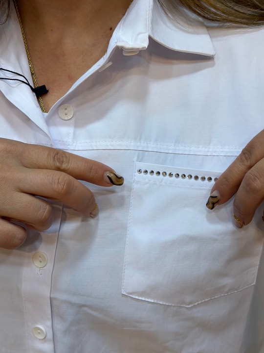 Oversize Cepleri Taşlı Poplin Gömlek Beyaz