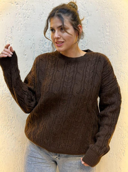 Oversize Saç Örgülü Kazak