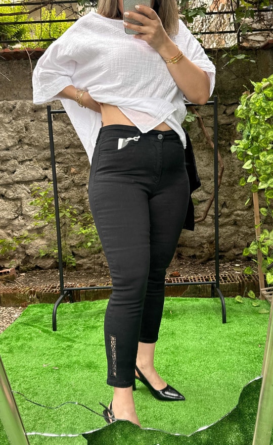 Paça Nakışlı Pantolon Siyah