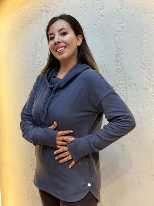 Parmak Geçirmeli Boyunluk Detaylı Kapüşonlu Hoodie Füme Mavi