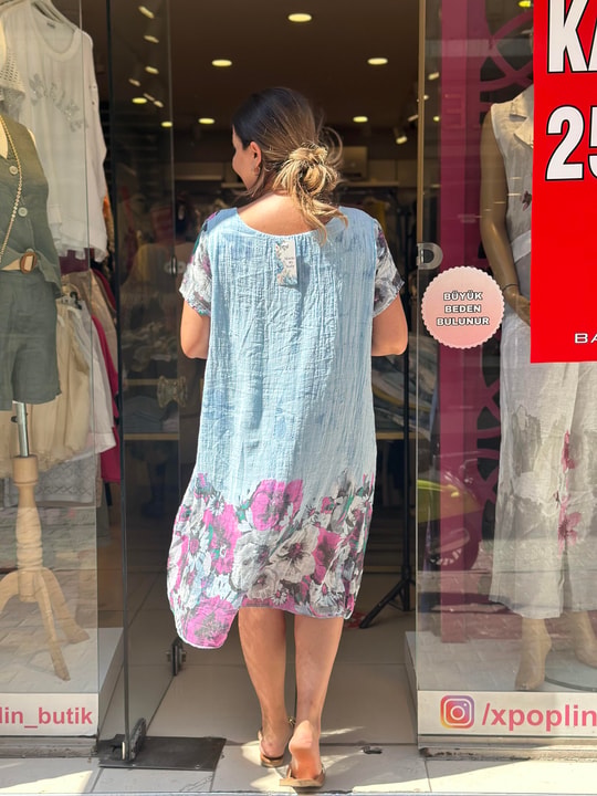 Pembe Çiçek Desenli İthal Elbise Bebe Mavisi