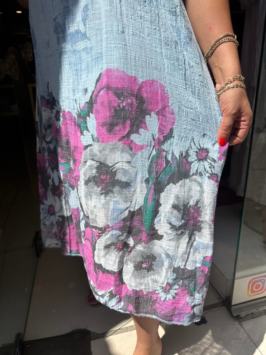 Pembe Çiçek Desenli İthal Elbise Bebe Mavisi