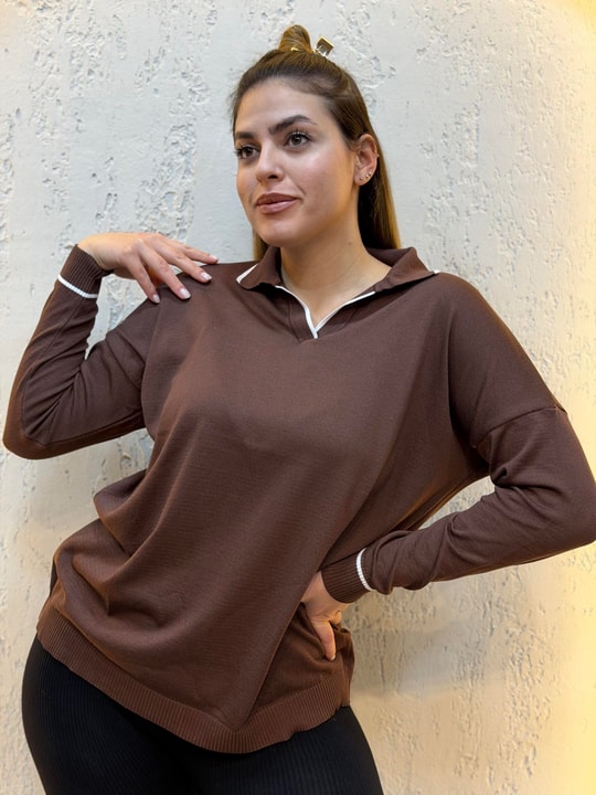 Polo Yaka Çizgili Merserize Triko Bluz Acı Kahve