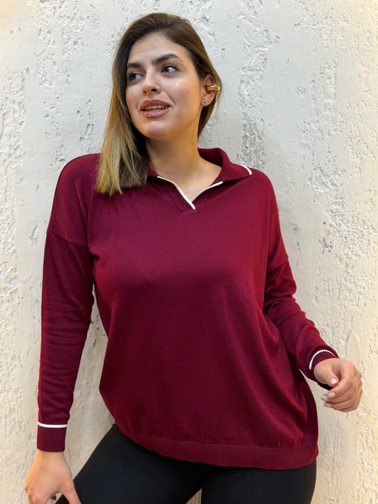 Polo Yaka Çizgili Merserize Triko Bluz Bordo