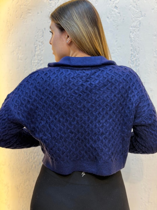 Polo Yaka Örgü Detaylı Crop Kazak Lacivert