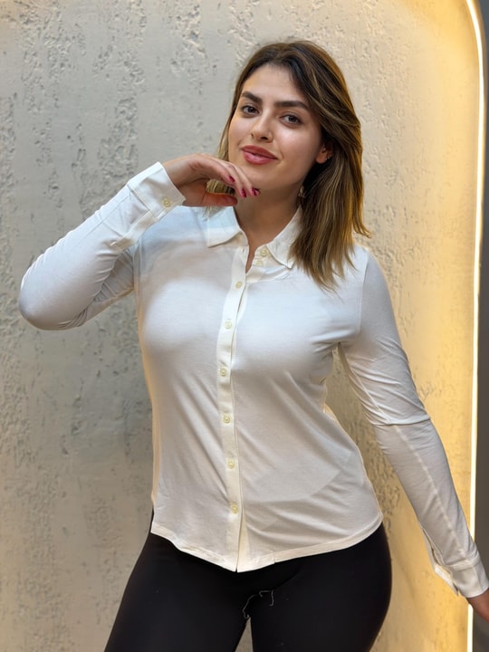 Polo Yaka Penye Gömlek Ekru