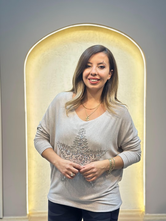 Pul İşlemeli İthal Star Bluz Krem