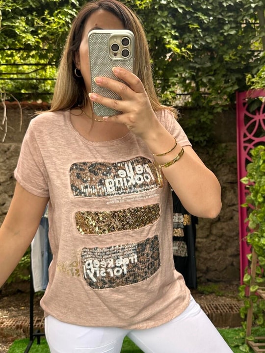 Pul Payet Detaylı Yıkamalı İthal Tişört Somon