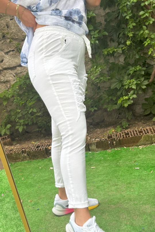 Pul Payetli Jogger Pantolon Beyaz