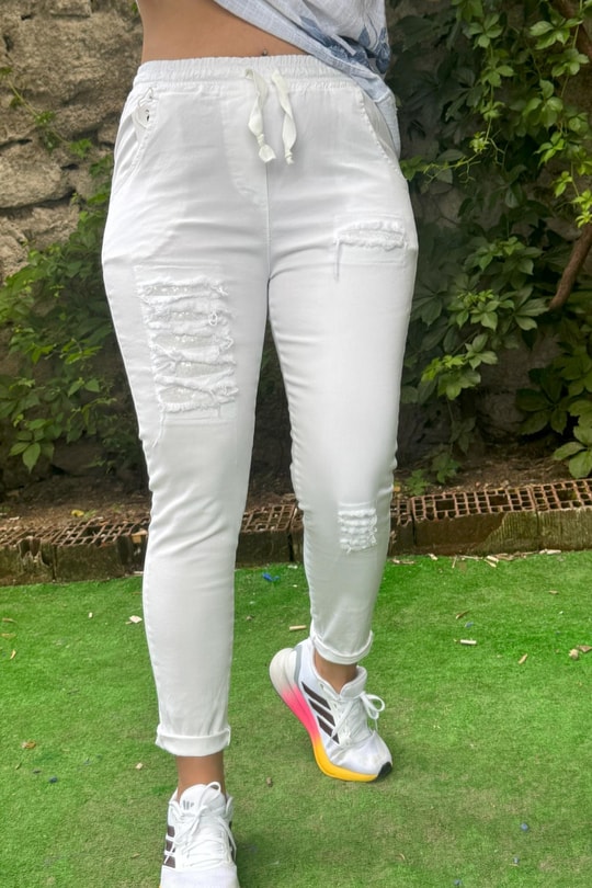 Pul Payetli Jogger Pantolon Beyaz