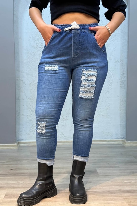 Pul Payetli Jogger Pantolon Mavi