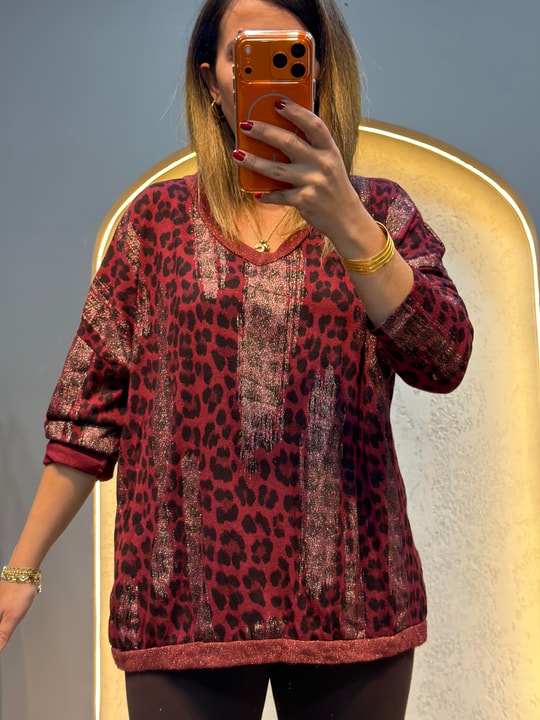 Sim Geçişli Leopar Desen İthal Bluz Bordo