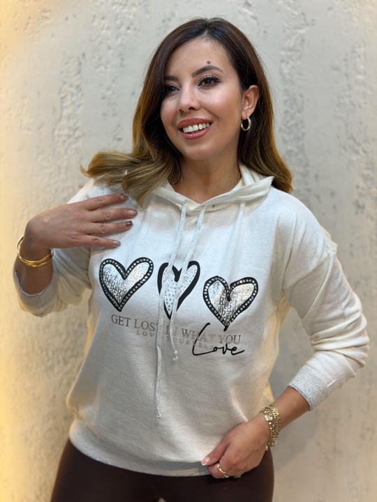 Simli Kapüşonlu Triko Sweatshirt Ekru