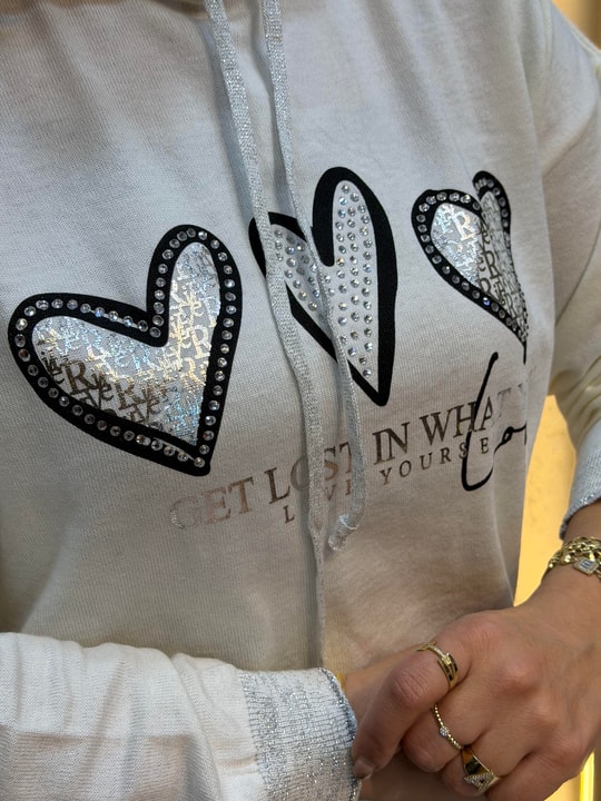 Simli Kapüşonlu Triko Sweatshirt Ekru