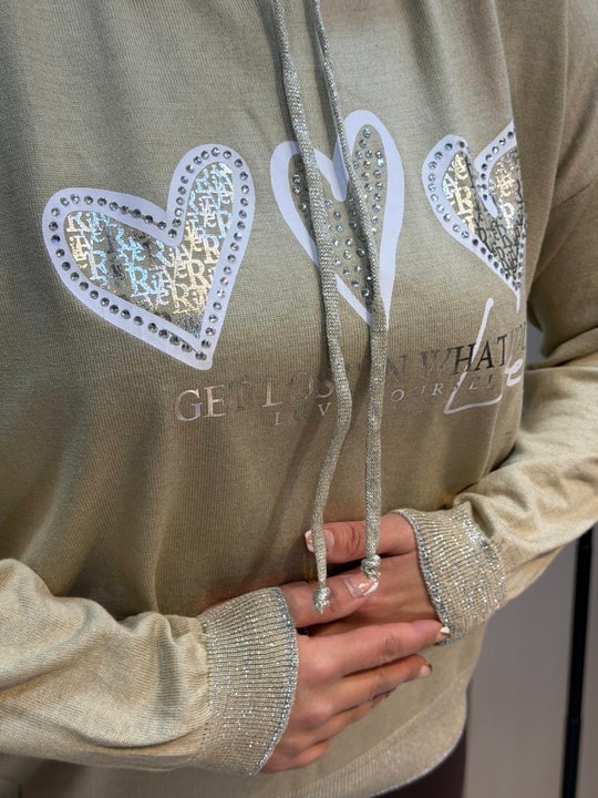 Simli Kapüşonlu Triko Sweatshirt Vizon