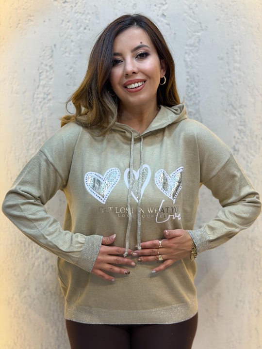 Simli Kapüşonlu Triko Sweatshirt Vizon