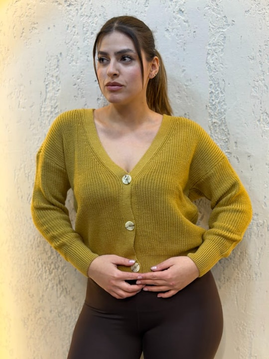 Üç Düğmeli Crop Hırka Camel