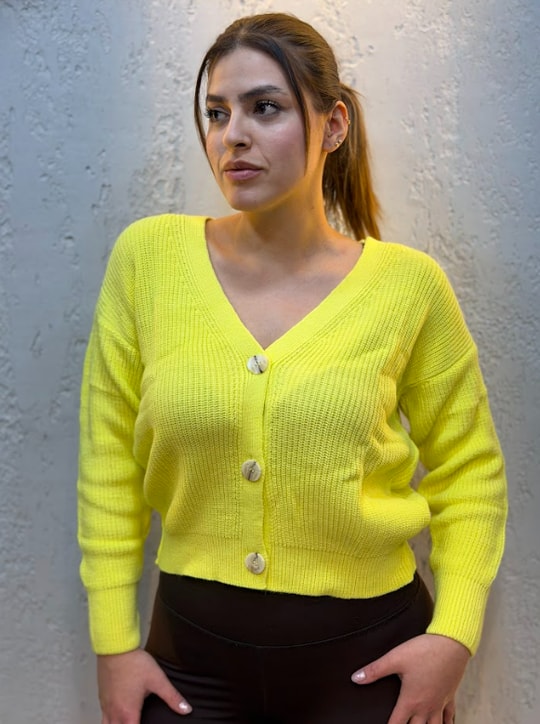 Üç Düğmeli Crop Hırka Limon Sarısı