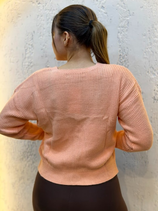 Üç Düğmeli Crop Hırka Somon