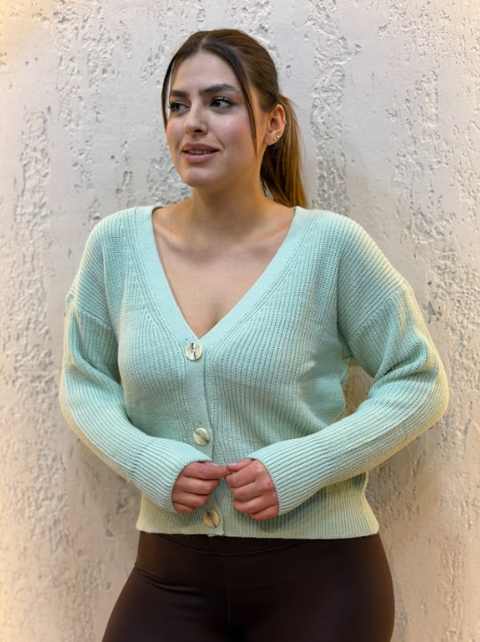 Üç Düğmeli Crop Hırka Su Yeşili
