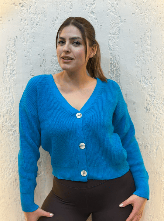 Üç Düğmeli Crop Hırka Turkuaz