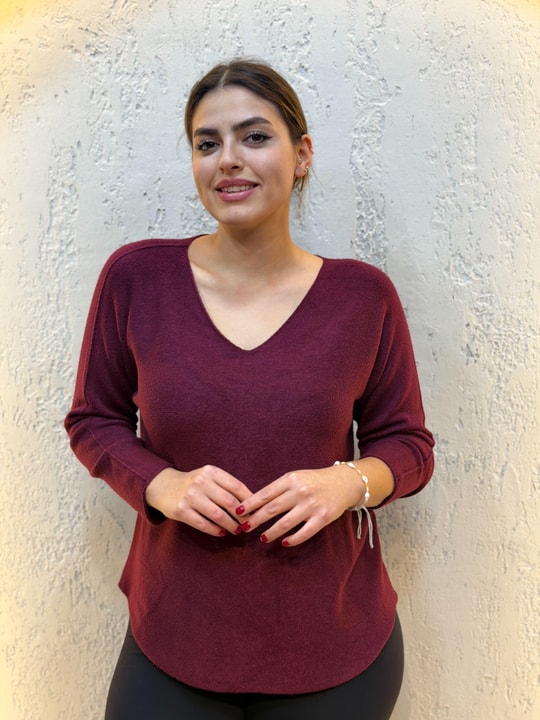 V Yaka İthal Kaşmir Bluz Mürdüm