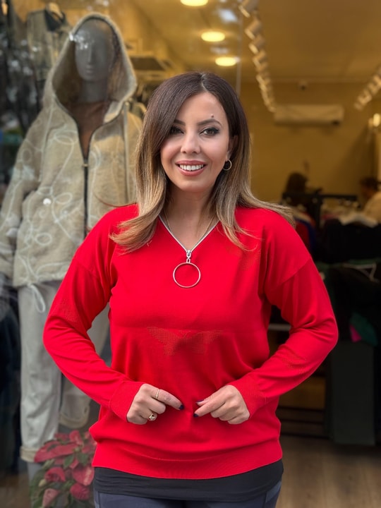 Yaka Fermuarlı Triko Kırmızı