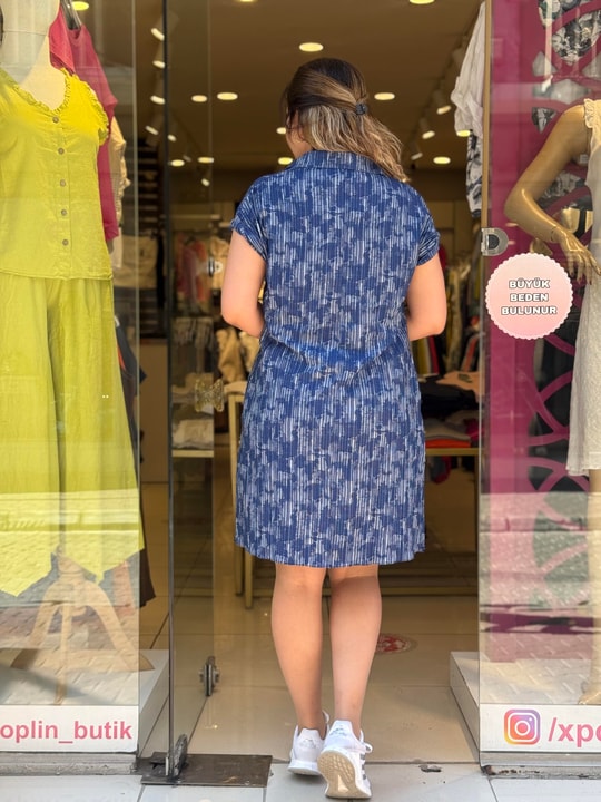 Yakalı Batik Elbise Lacivert