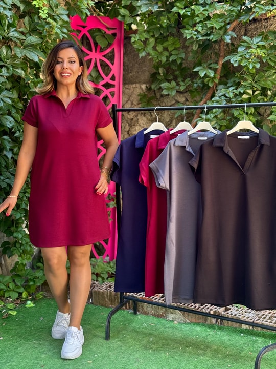 Yakalı Elbise Bordo