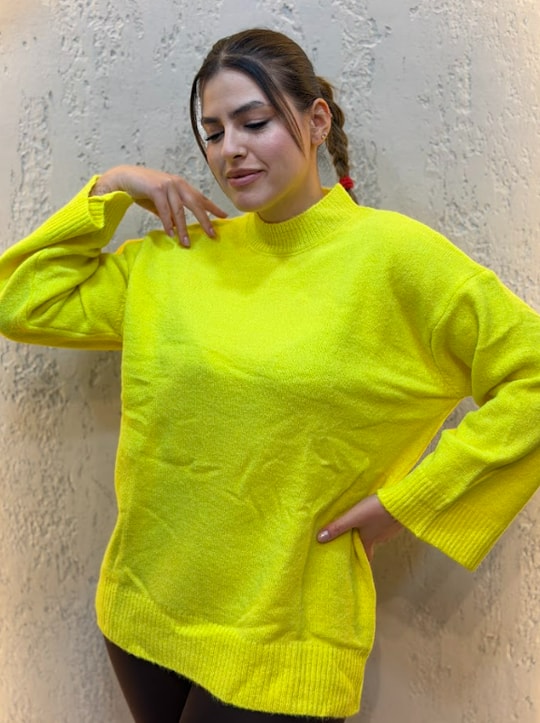 Yarım Boğazlı Kazak Neon Sarı